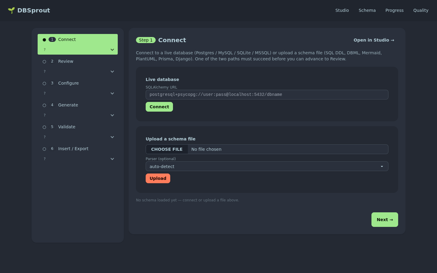 DBSprout Web Studio — guided generation wizard